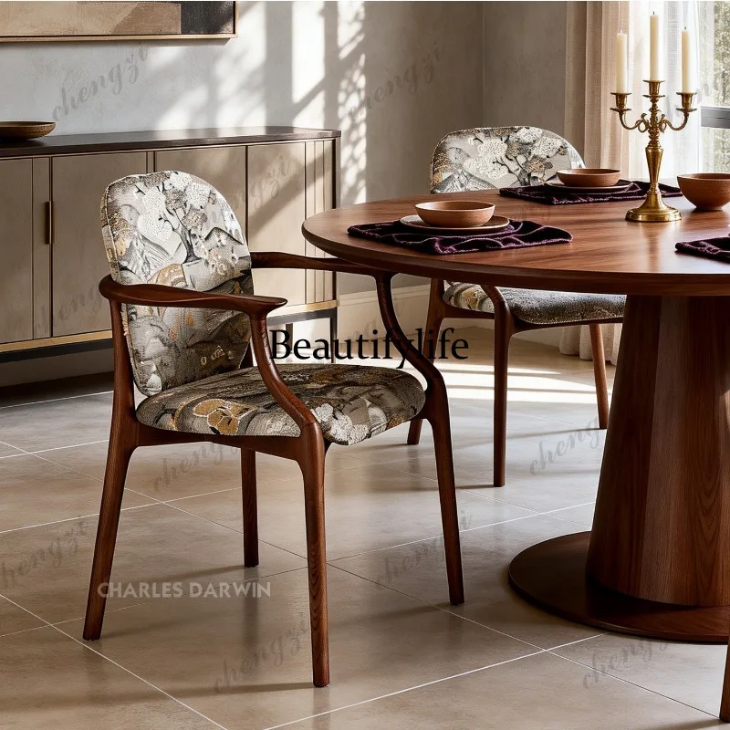 New Chinese designer solid wood armrest dining chair medieval art fabric tea chair book chair