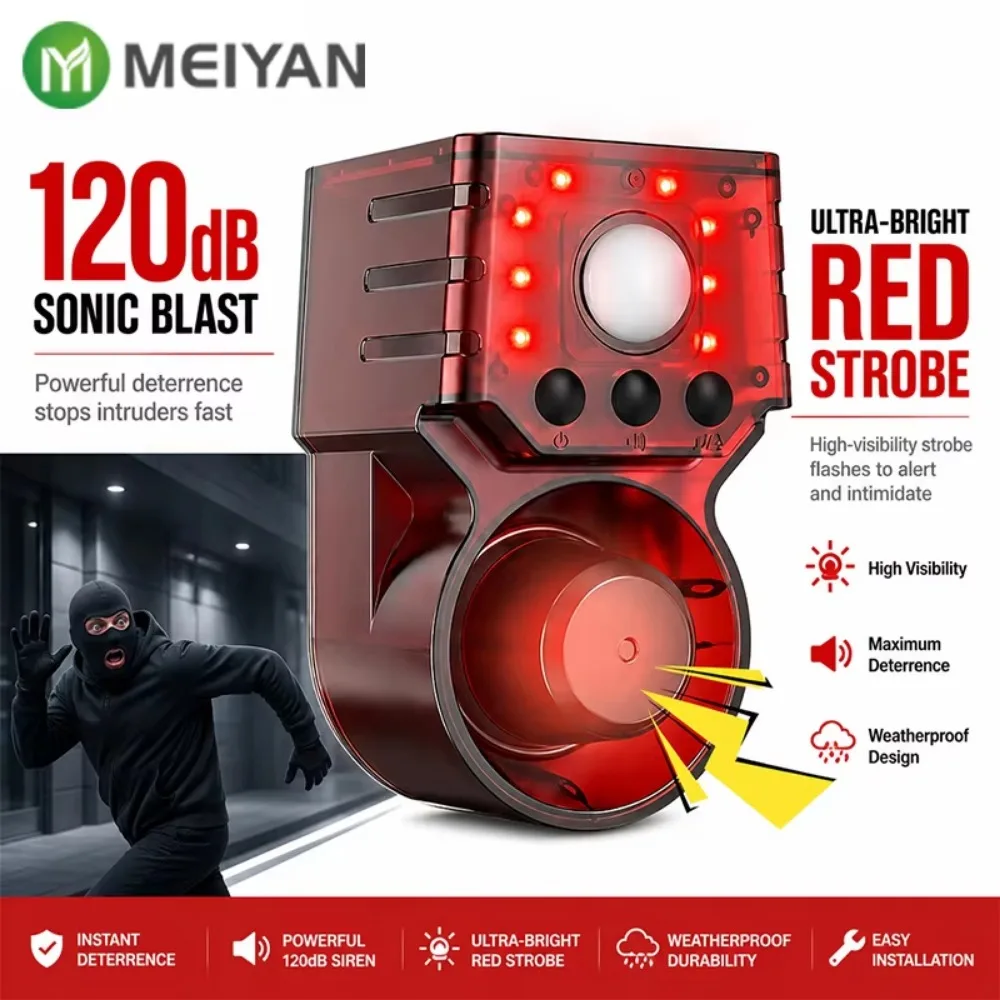 120dB Solar Motion Sensor Alarm Custom Voice Recording 8 Red LED IP55 Water Resistant Remote Control Siren for Farm Yard Outdoor