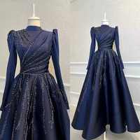 Customized Dark Blue Elegant Prom Dresses Satin High-Neck Long Sleeves Evening Dresses with Beaded Embroidery فساتين ال