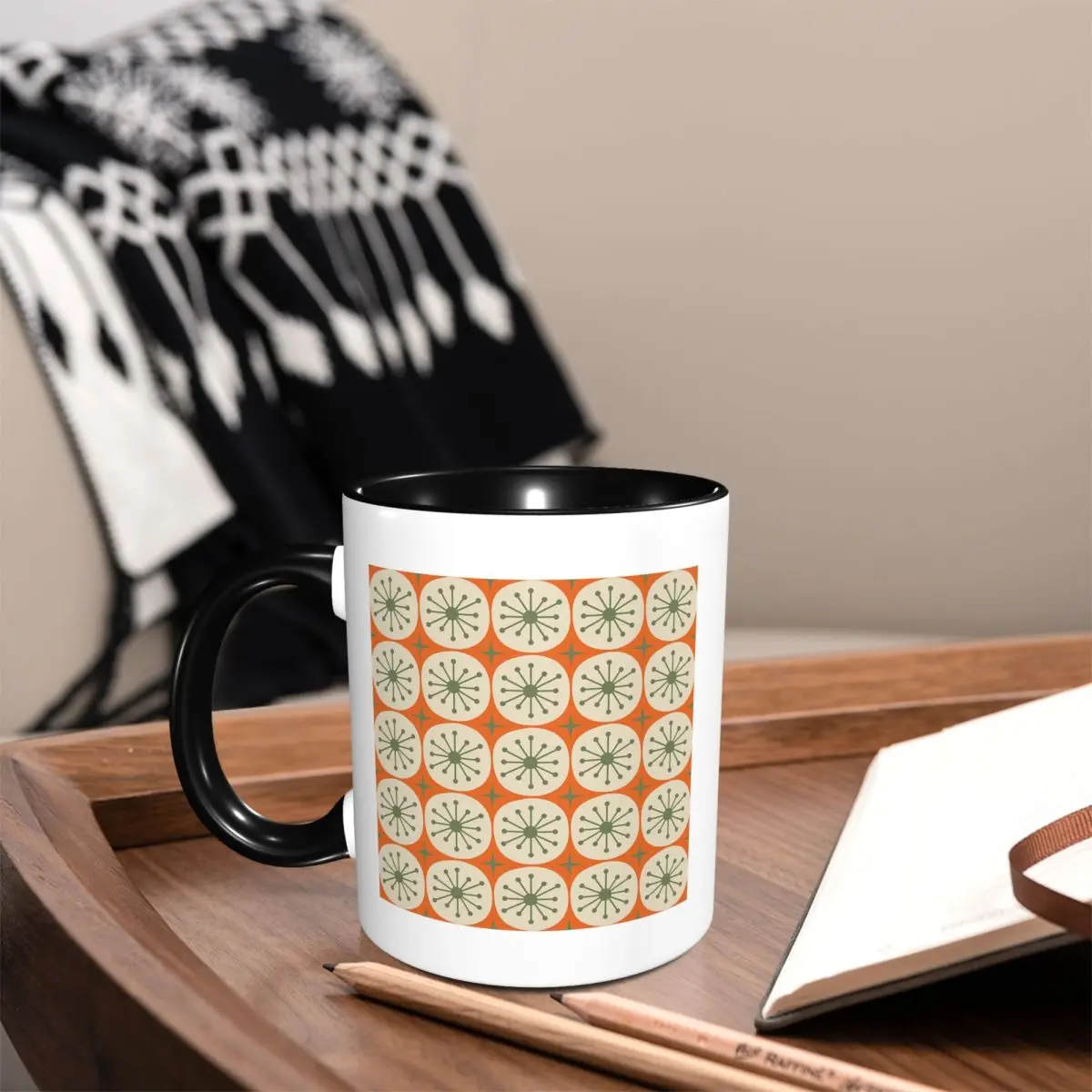 Mid Century Modern Atomic Dots And Stars Olive Green Beige Mug Ceramic Coffee Cups Tea Mugs Milk Cup Drinkware Gifts for Friends