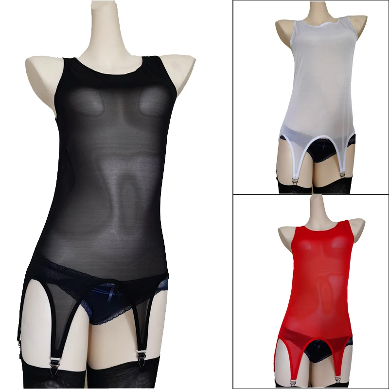 Sexy Women Mesh Garter Belt See Through Bodysuit with 6 Straps Suspender Belt for Stocking Vest Night Club Underwear