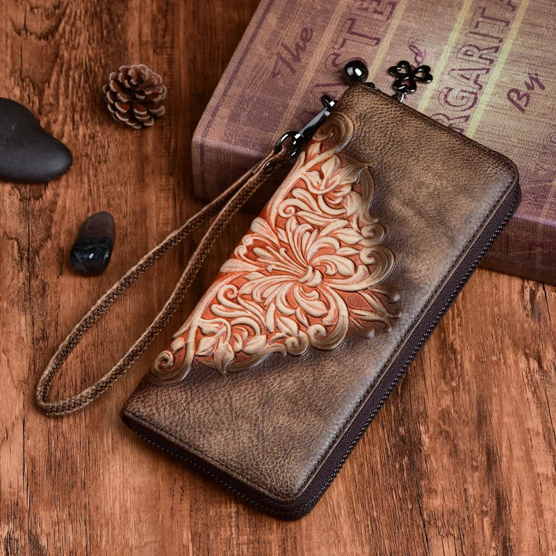 Tree paste leather ladies long purse retro embosed multi-card mobile phone storage high-grade real leather handbag