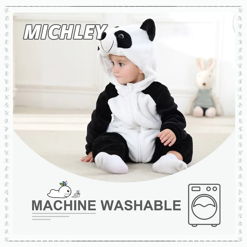 MICHLEY Halloween Panda Flannel Baby Rompers Winter Warm Clothes Costume Hooded Bodysuits Pajamas Overall Jumpsuit For Girl Boy