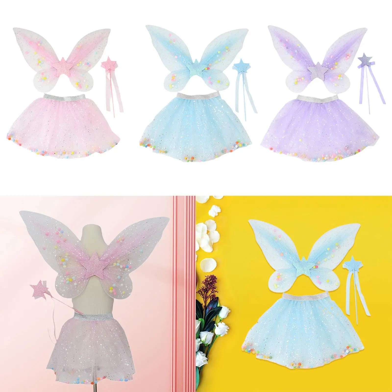 3x Girls Fairy Wings Tutu Skirt and Wand Set Stage Show Butterfly Costumes