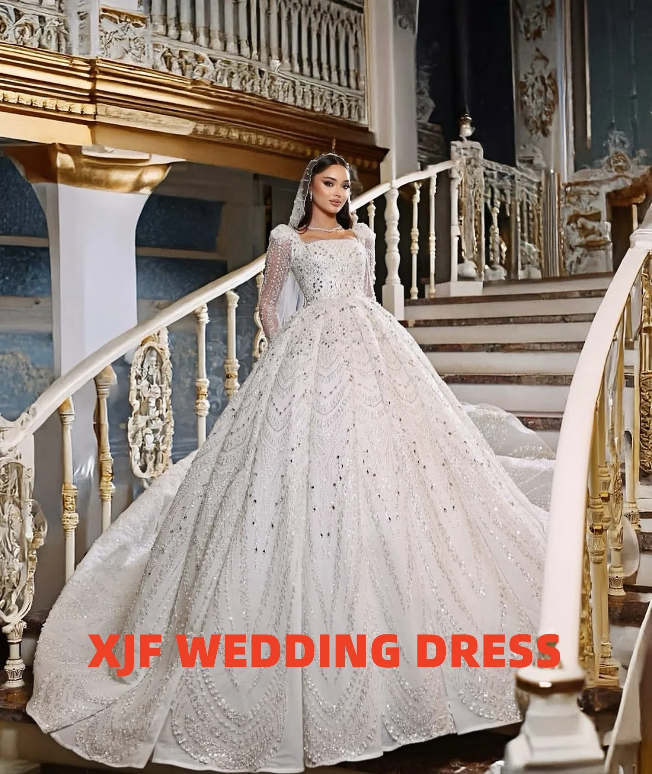 Abito da ballo a maniche lunghe con colletto quadrato personalizzato splendido abito da sposa con perline amanda novias abiti da sposa amanda novias