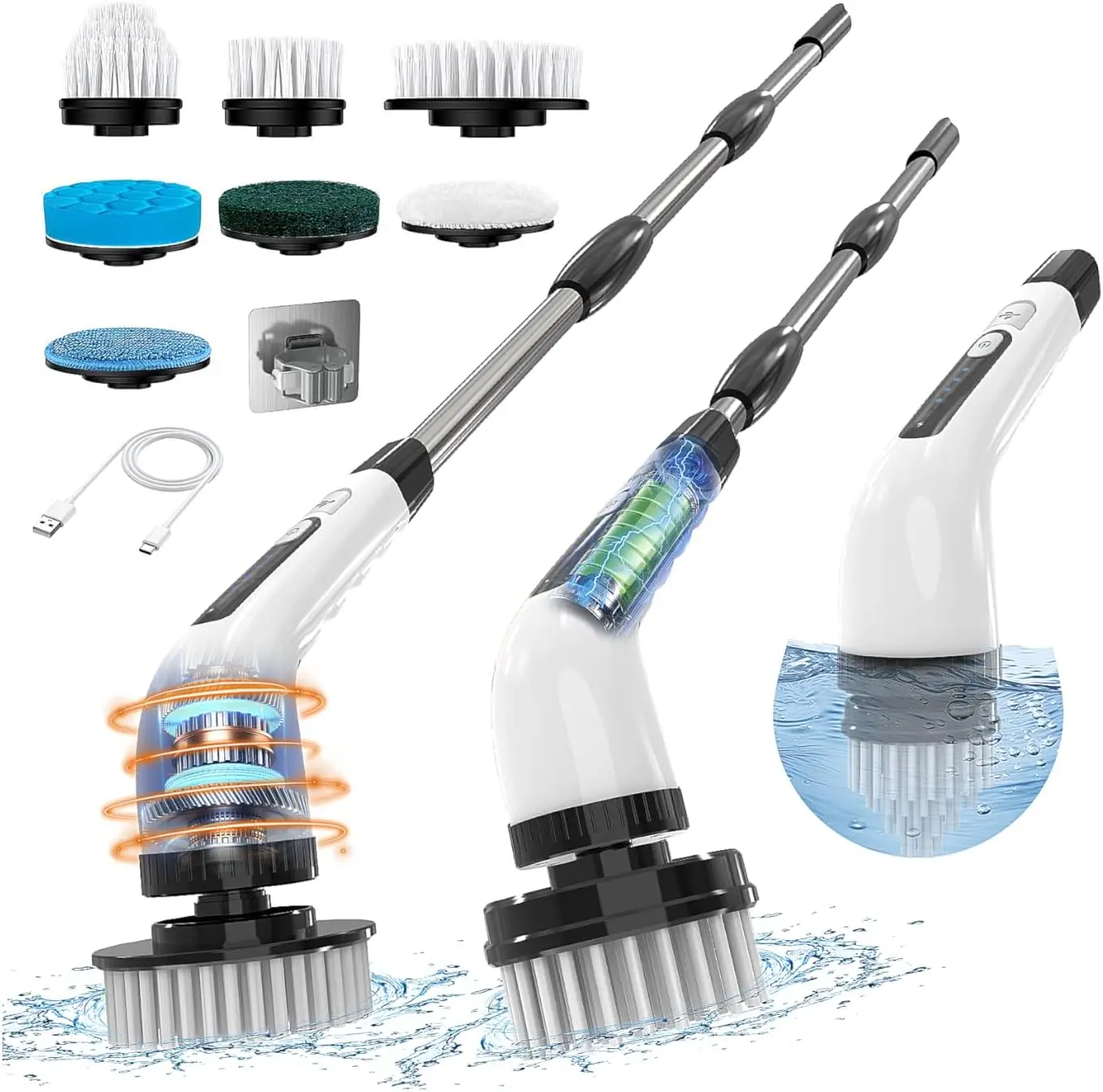 

Electric Spin Scrubber, Cordless Cleaning Brush, 7 Replaceable Heads, 2 Speeds, Adjustable Handle for Shower Bathtub Glass (Whit