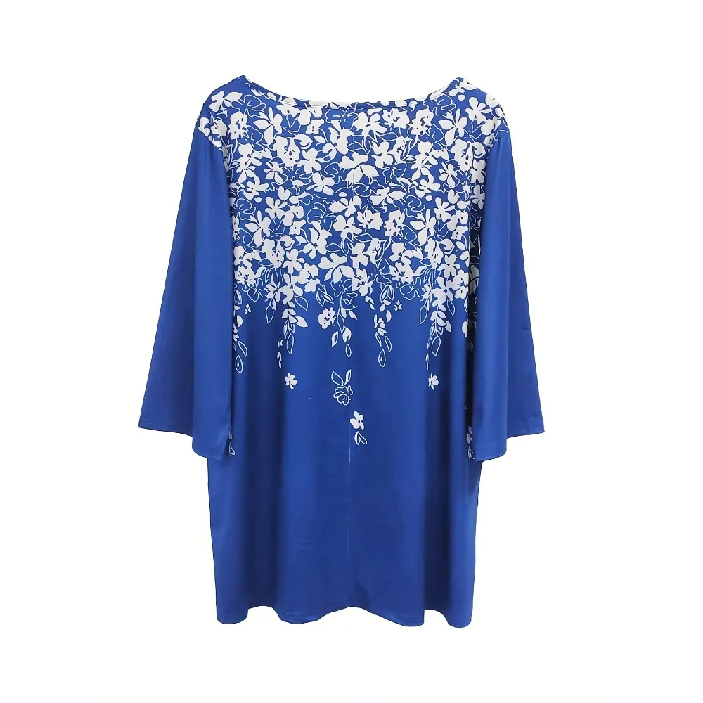 حجم كبير 1XL-5XL المرأة الأزهار طباعة ثلاثة أرباع كم أعلى السيدات عادية س الرقبة تي شيرت فضفاض القمم