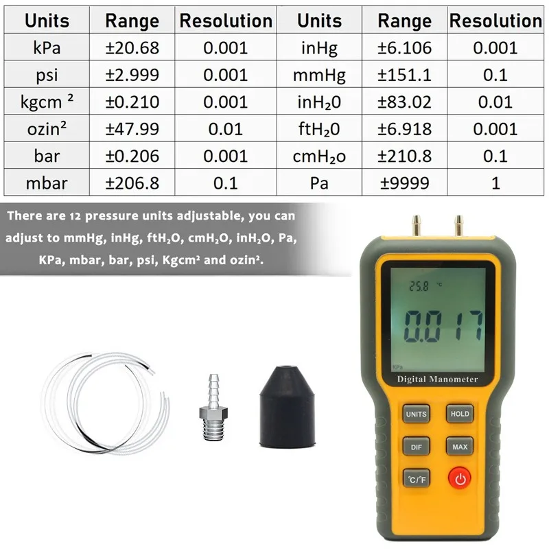 QX-1201 Digital Manometer Differential Pressure Gauge For Automotive Air Pressure Inspection
