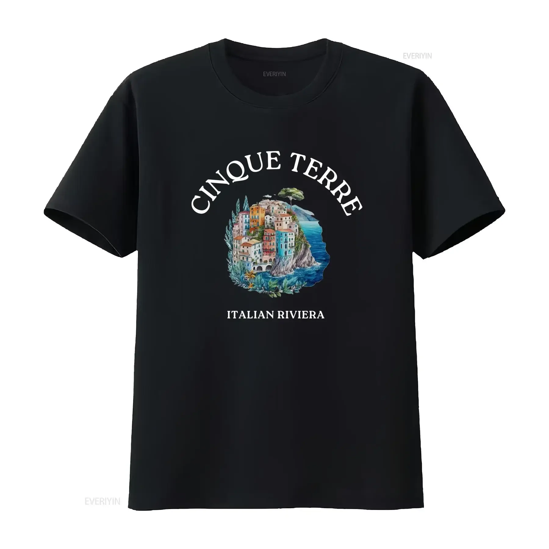 Watercolor Art Cinque Terre Italian Riviera Coastal Landscape Casual Print T Shirt vintage Washed Unisex fashion Stylish