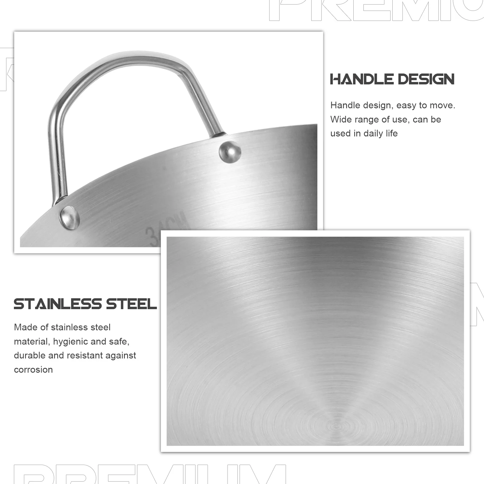 

Thick Stainless Steel Wok Heavy Duty Chinese Frying Pan with Handles for Gas Electric Induction Stove Home Cooking