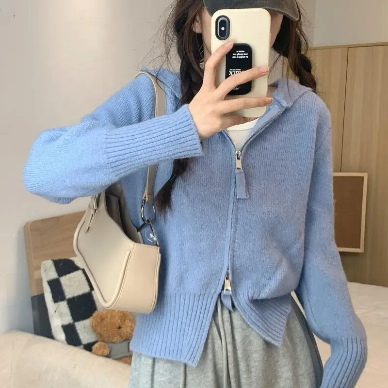 Women Jacket Lady Solid Casual Zipper Cap Knit Cardigan Sweater Long Sleeve Coat Spring Autumn Winter Full Sleeve Suit