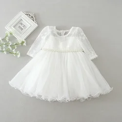 0-24 Months Long Sleeve Baby Girl Dress Infant Toddler Birthday Party Dresses Little Girls White Wedding Baptism Dress 8515