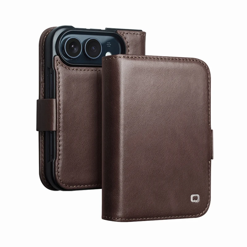 QIALINO Premium Genuine Flip Leather Phone Case for Apple iPhone Duo Natural Cowhide Wallet Cover