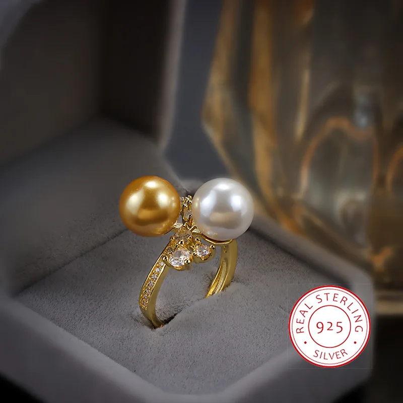 Classic 18K Gold Large Pearl Ring White Beads Strong Gold Shell Beads Gold Ring Set With Diamonds Elegant Women's Jewelry