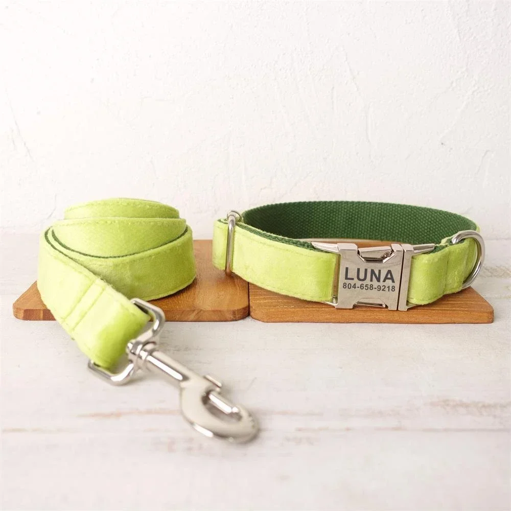 

Personalized Dog Collar with Free Engraving, Matching Pet Leash,Customzied Contacts Metal Buckle,Avocado Green Pet Collar