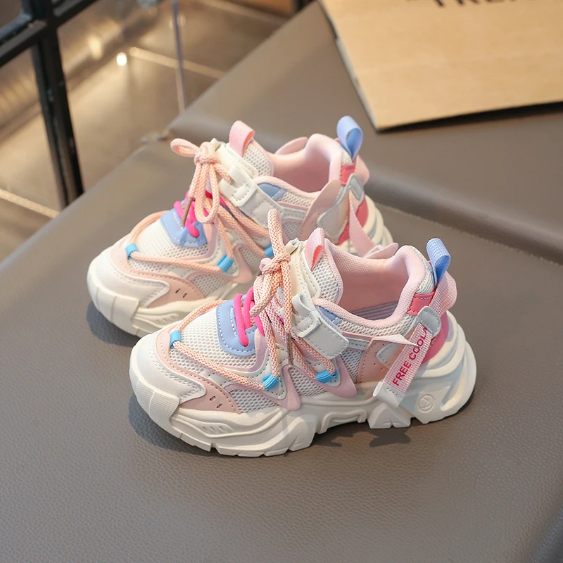 Kids Mesh Chunky Sneakers, Hook and Loop Athletic Running Shoes, Breathable Thick Sole Casual Trainers for Boys Girls