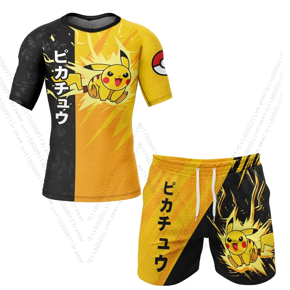 ญี่ปุ่นอะนิเมะพ็อกเก็ตมอนสเตอร์ Pikachu ผู้ชายชุดออกกําลังกายคอสเพลย์พิมพ์ GYM TShirt Kawaii Breathable กางเกงขาสั้น Quick DRY กีฬาชุดเด็ก