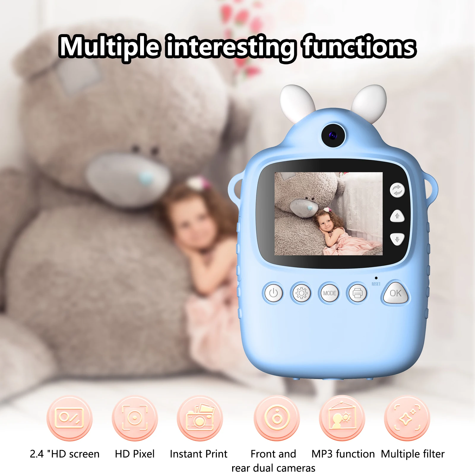 P1 Children Instant Camera MP3 Printing Camera With Print Paper 2.4-inch HD Camcorder For Girls Toddler