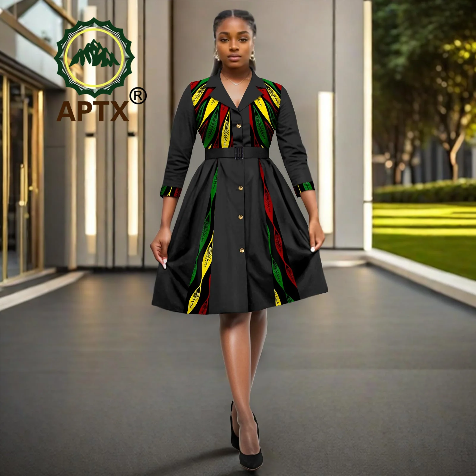 African Dress for Woman Ankara Turn-down Collar Patchwork A-Line Shirt Dresses with Belt Dashiki Print Party Wedding Attire