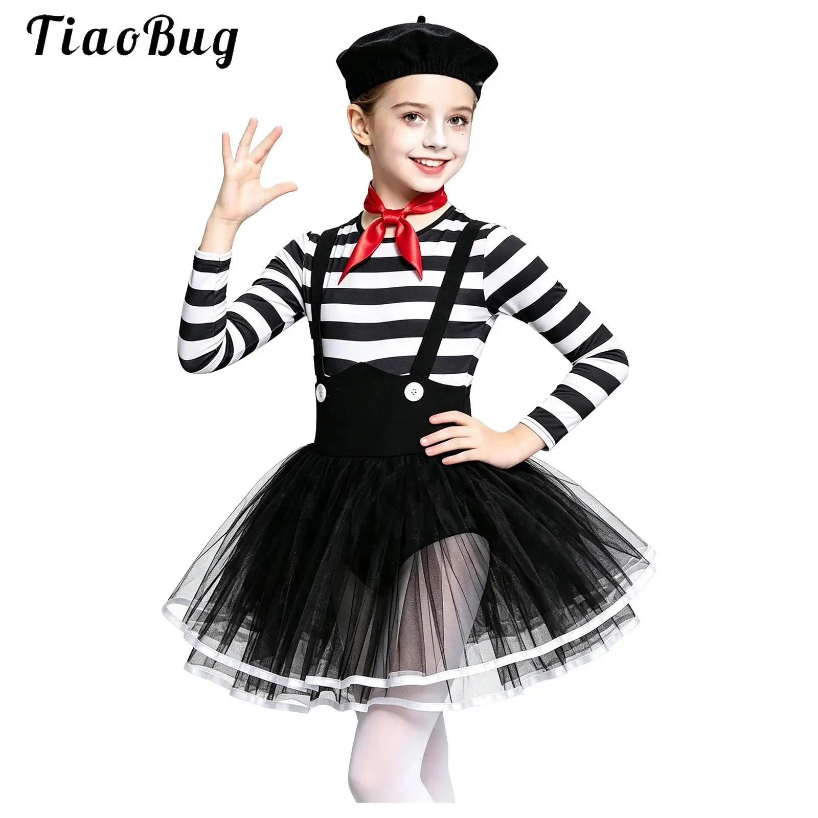 Kids Girls Clown Costume Outfit Halloween Circus Ballet Leotard Long Sleeve Stripes Layered Ruffled Tutu Skirt Dress Hats Scarf