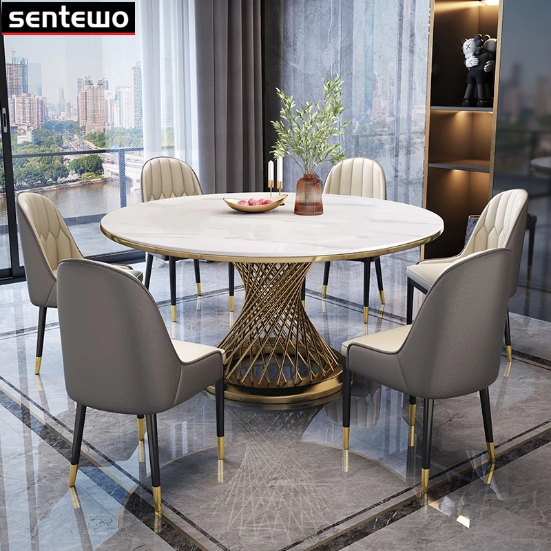 Designer Luxury Round Dinner Room Marble Rock Slab Dining Table Set 4 6 Chairs Tavolo Pranzo Furniture Stainless Steel Gold Base