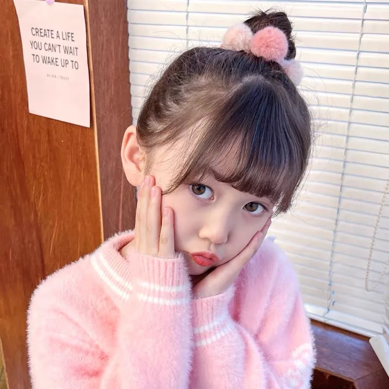2024 Winter Cute Pompom Hair Tie For Kids Pink Plush Ball Hair Bands Girls Elastic Hair Rope Scrunchie Baby Hairbands headdress