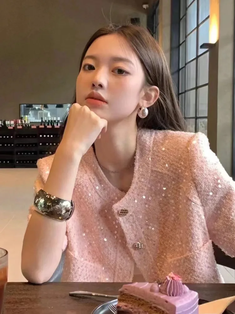 High Quality Tweed Jacket Women Sequined Short Sleeve O-neck Short Coats Crop Top Pocket Korean Fashion Outerwear Streetwear Y2k