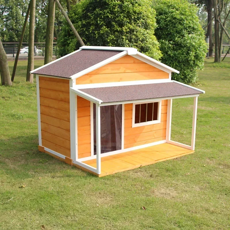 A  Solid wood dog house, outdoor rainproof pet dog house, summer ordinary dog house, large