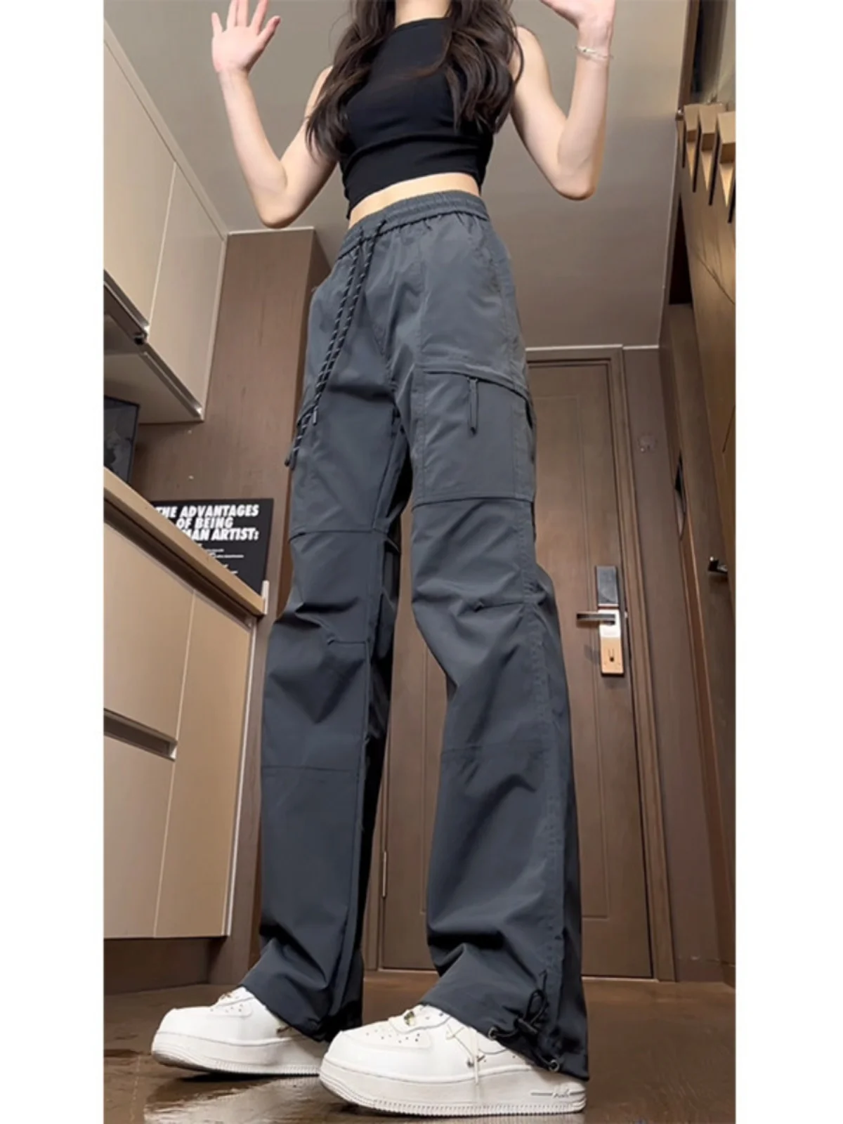 

High Waist Men's Waterproof Hiking Trousers Deep ey Level Casual Pants Outdoor Workwear Straight Leg Non-Ironed