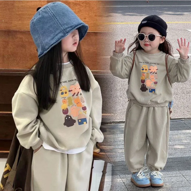 Baby Cute Sets Girls Sports Printing Sweater Sweatpants Suit Autumn New Children's Round Neck Casual Fashion Thin Two-Piece 2-8Y