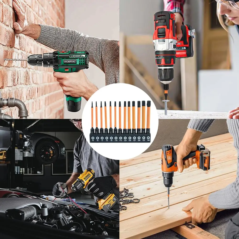 مجموعة لقم مفك توركس مكونة من 13 قطعة من رافورد (T5-T40، 75 مم): سبائك فولاذية S2، مغناطيسية قوية، ساق سداسية 1/4 بوصة، متوافقة مع برنامج تشغيل الصدمات