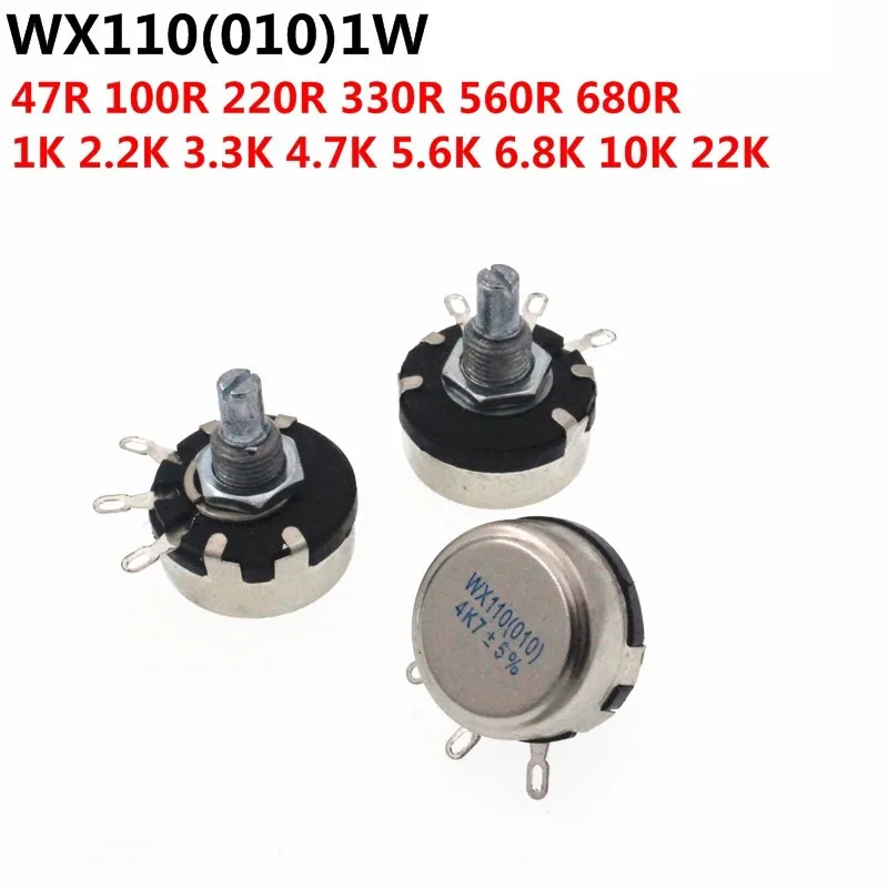 5pcs WX110 WX010 6mm Round Metal Shaft Single Turn Wire resistor Wound Potentiometer 100R 1k 2.2k 3.3k 4.7K 5.6k 6.8k 10k 22k