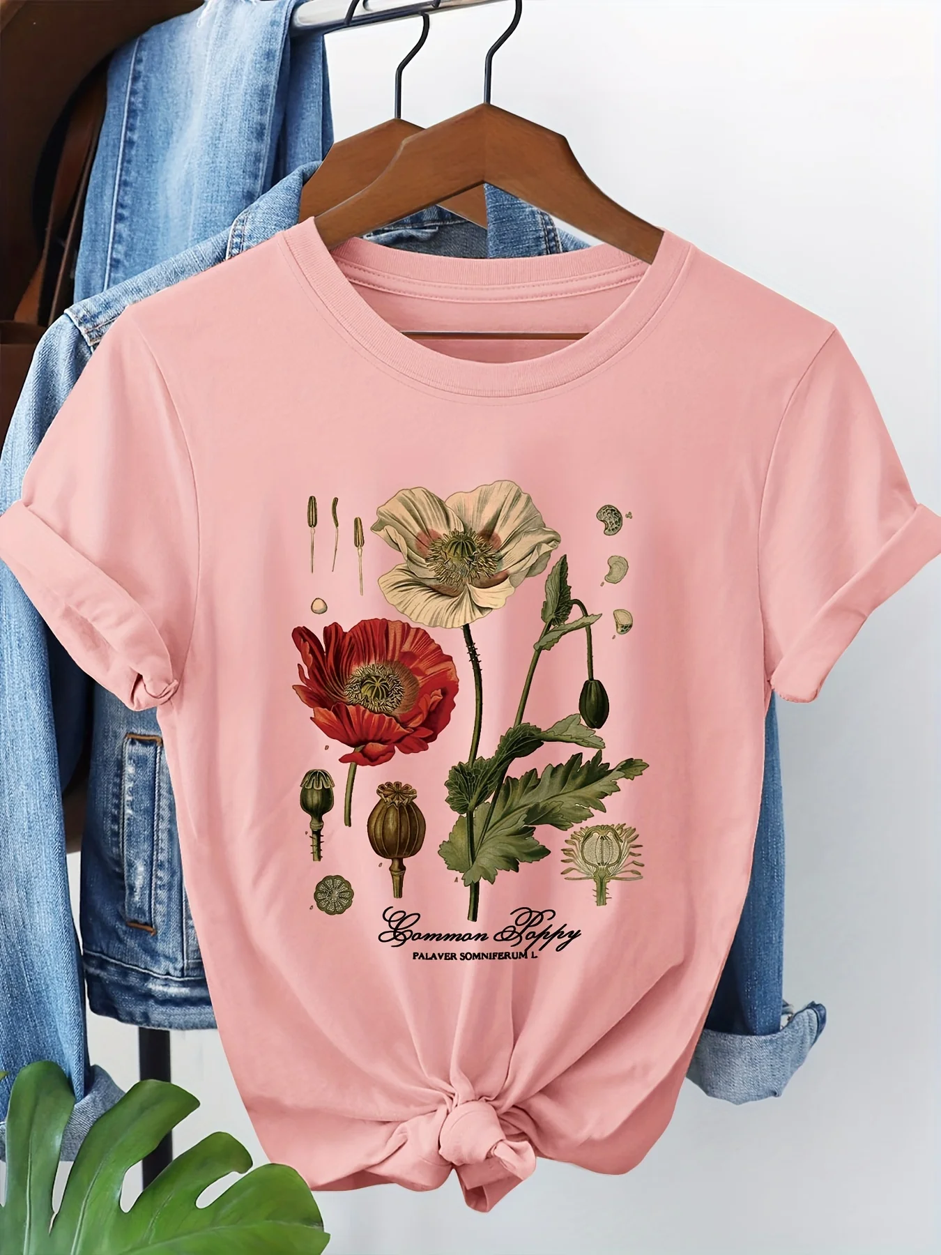 Round-Neck T-Shirt with Poppy Flower Print Summer Short Sleeved Harajuku Streetwear Tops Tees Aesthetic Clothe