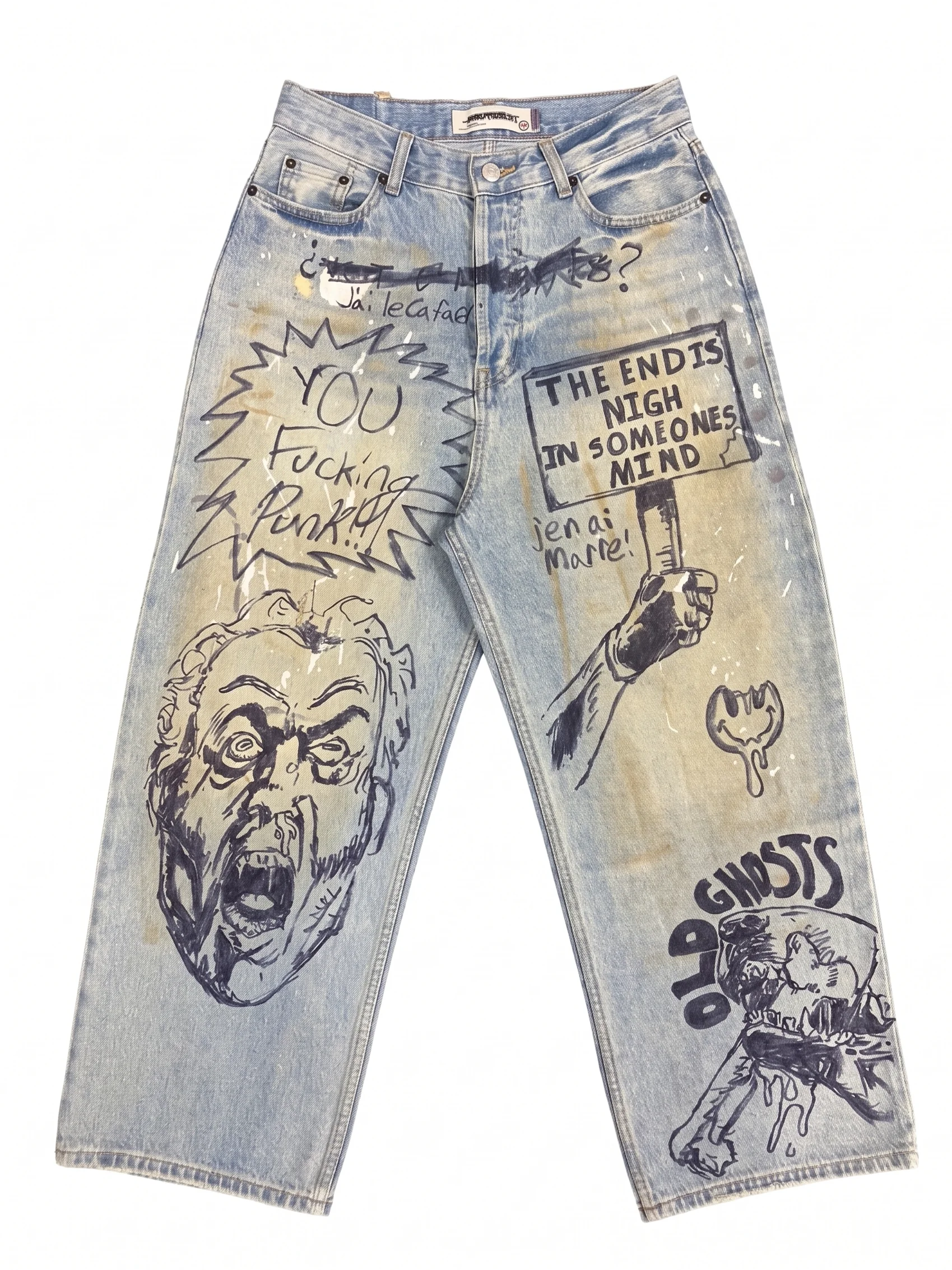 Hand-Painted Vintage High-Waisted Wide-Leg Jeans Unisex Street Style Denim Jeans Mid-Waist Button Fly Summer Jeans