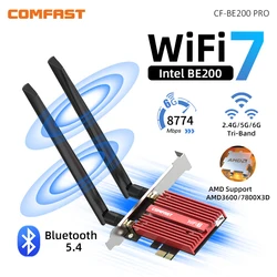 WIFI7-Adaptador de tarjeta PCIE 8774M BE200 BT5.4 para juegos, adaptador de tarjeta de red inalámbrica de escritorio de 2,4G/5G/6GHz para Win10/11 Linux