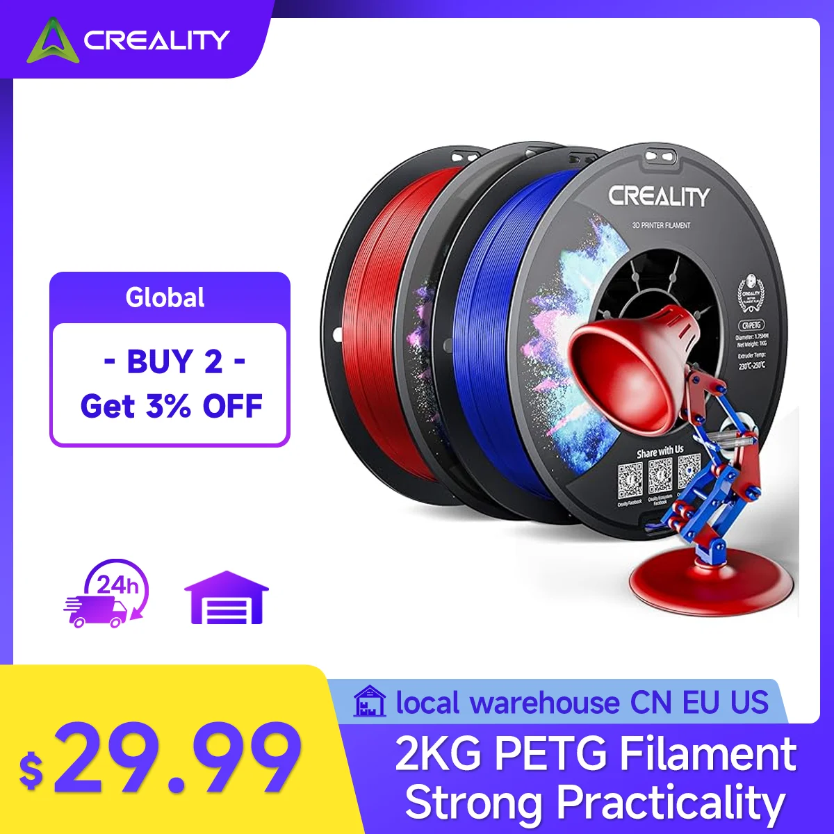 

Creality PETG 2kg Filament 1.75mm 2 Rolls Fit All Color Plastic Accuracy 0.03mm For Creality Bambu Lab 3d Printers accessories