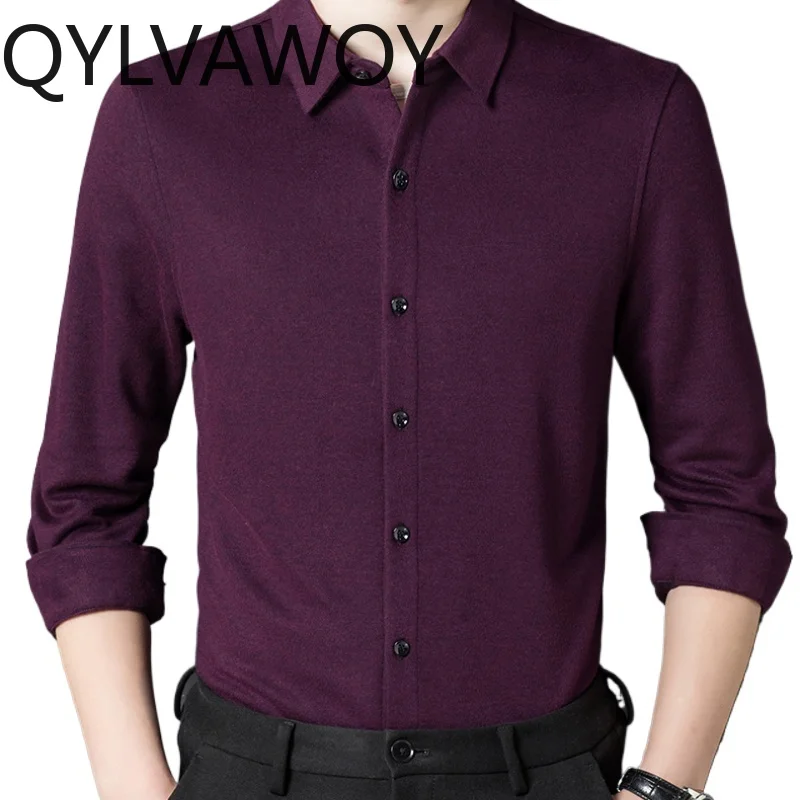 QYLVAWOY 100% Cashmere Shirt for Men Clothing Autumn Winter Mens Shirts Business Casual Long Sleeve Top 2024 Chemise Homme