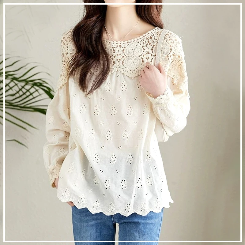 

Korean Version Simplicity Fashion Commute Hollow Out Montage Solid Color Sense of Design Ladies' Round Neck Shirt Autumn 2024