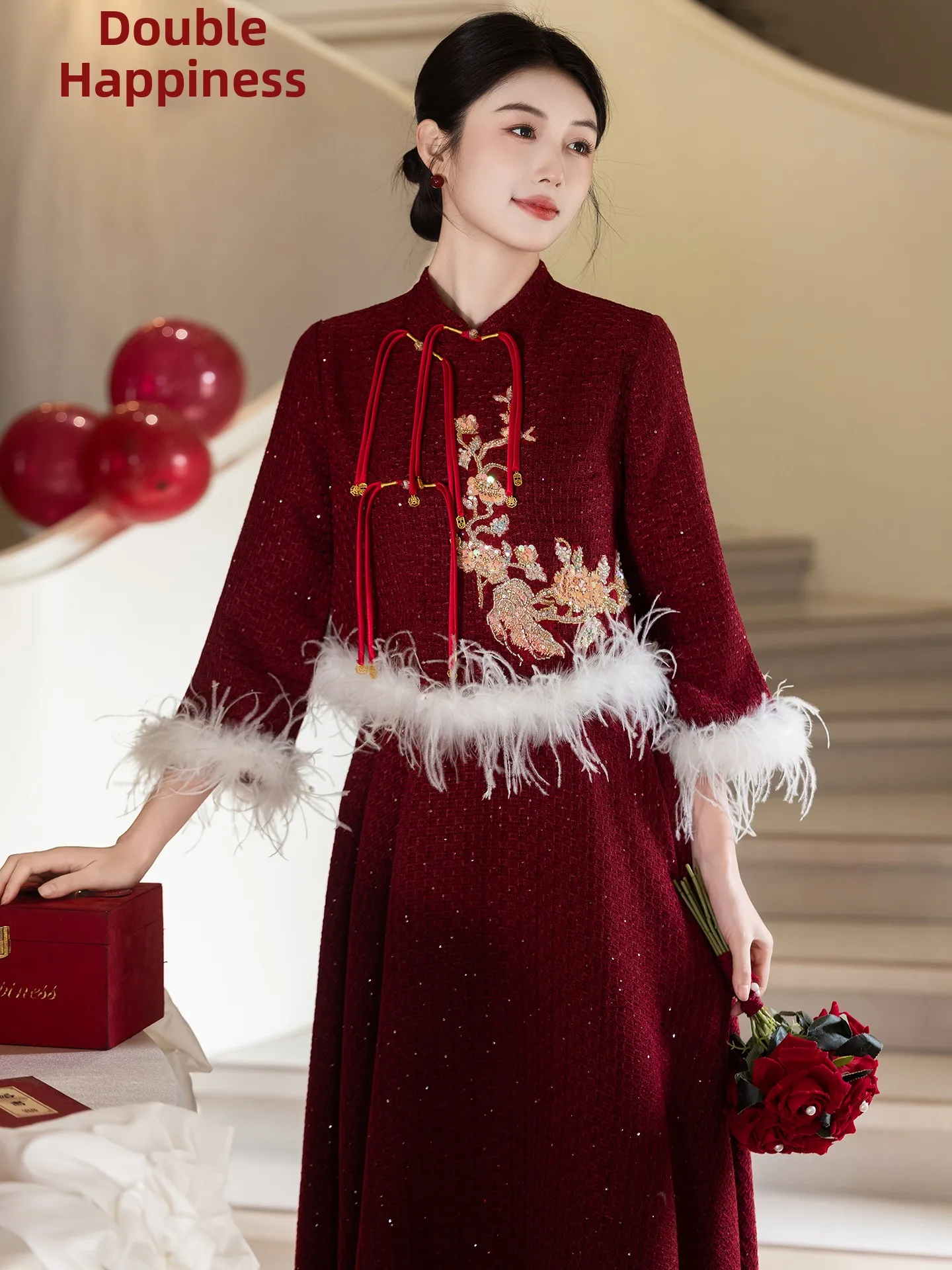 

Wedding Dr Chinese Sle Qiu Ye Materni Gown Cus Made High Waist Crystal Bead Long Sve Floor Length Evening Gown