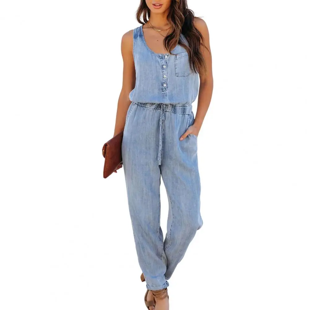 Women Summer Jumpsuit V Neck Sleeveless Solid Color Elastic Waist Loose Dress-up Denim Tight Waist Lady Overall Women Clothes