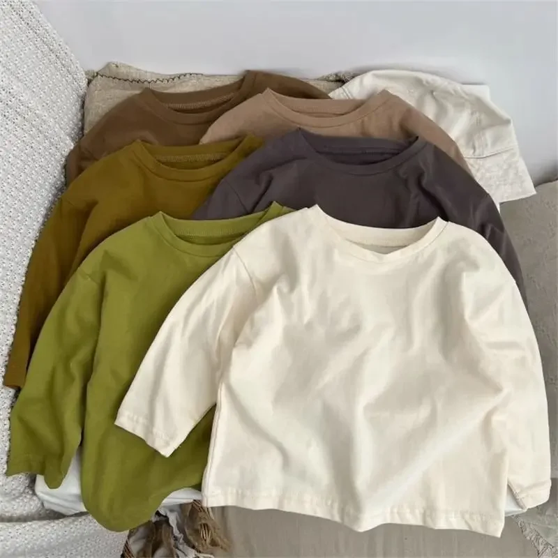 

Детские майки, новинка весны 2025 года, модная простая стильная хлопковая корейская повседневная однотонная повседневная рубашка с длинными рукавами