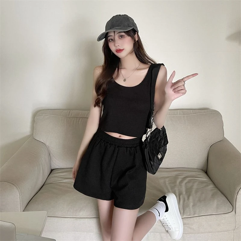 

Женские летние спортивные костюмы, новинка 2024, Женские Короткие повседневные топы без рукавов и свободные шорты, женский спортивный костюм, комплект из двух предметов Z24