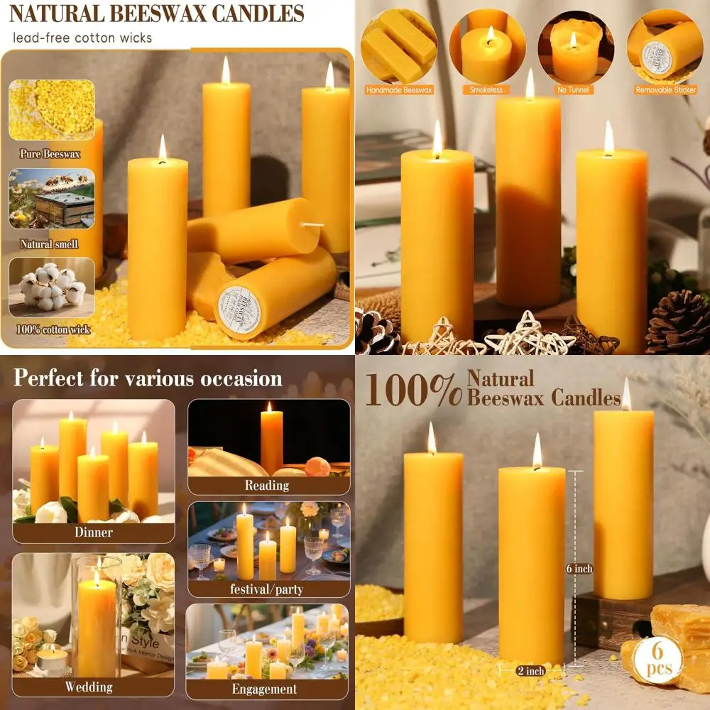 

6 упаковок свечей из натурального пчелиного воска, 2x6 дюймов, свечи из пчелиного воска без запаха, длиной 360 часов, 100% чистые свечи из пчелиного воска для дома