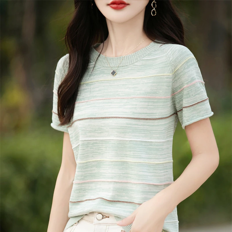 Women's T-shirts Summer New 100% Cotton Short Sleeve Casual Striped Knit Blouse Round Neck Tops Loose Pullover Tees