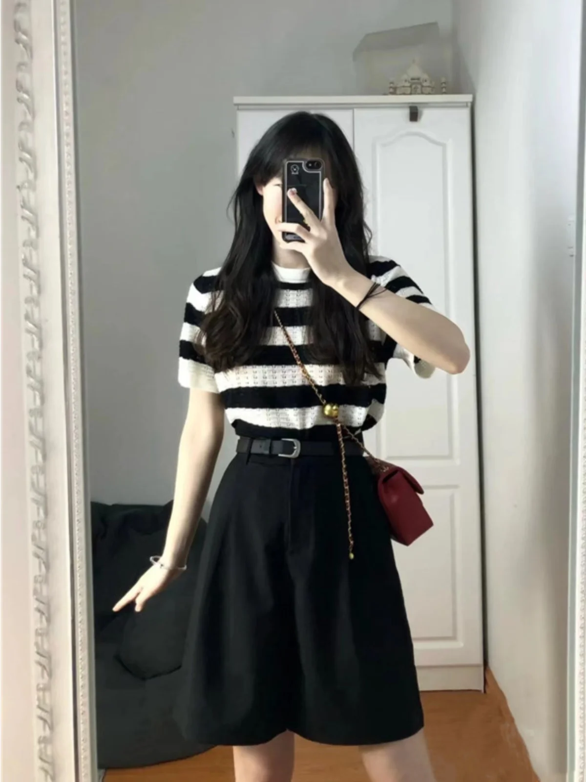 

plus Size Women's Summer Slimming Striped Short Sleeve T-Shirt And Wide Leg Shorts Two Piece Set Casual Style Cotton round Neck