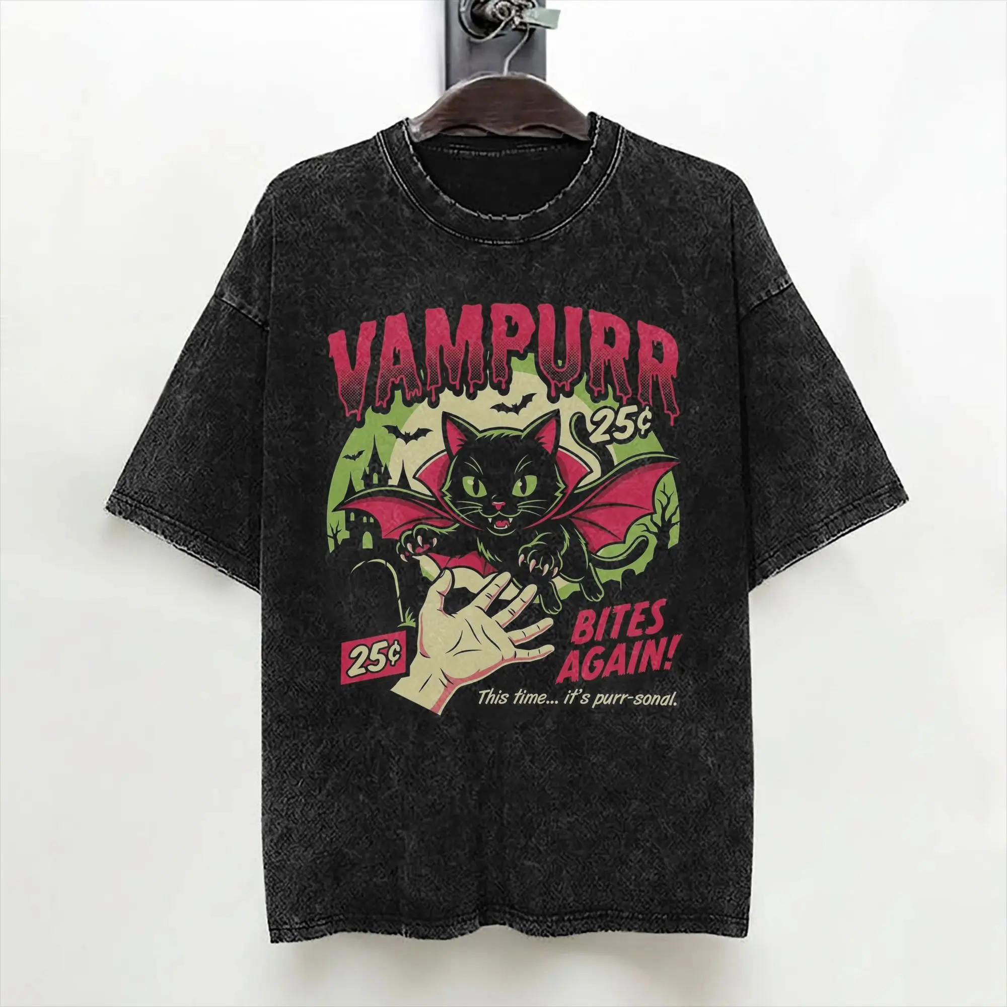 Vampurr Bites Again Halloween Vampire Cat Washed T Shirt Streetwear Retro T-Shirt  Tees Men Women 100% Cotton Oversize Summer