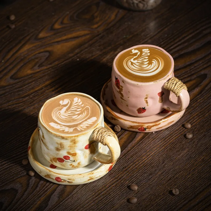 

Ceramic Cherry Pattern Coffee Cup and Saucer Set, Water Cup, High Appearance Level Mug, High-end Breakfast Cup