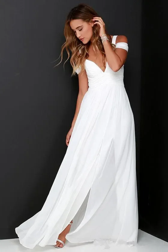 Simple Boho Beach Chiffon Wedding Dresses New Side Split A Line Bridal Gowns Sexy Spaghetti V Neck Beach Wedding Dress