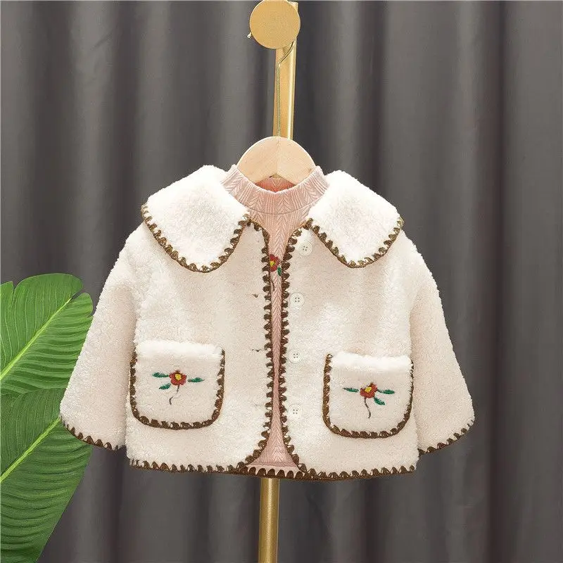 Autumn Winter Plush Girls' Thick Coat Cute Flower Embroidered Children's Warm Jacket Solid Color Turndown Collar Baby Coat