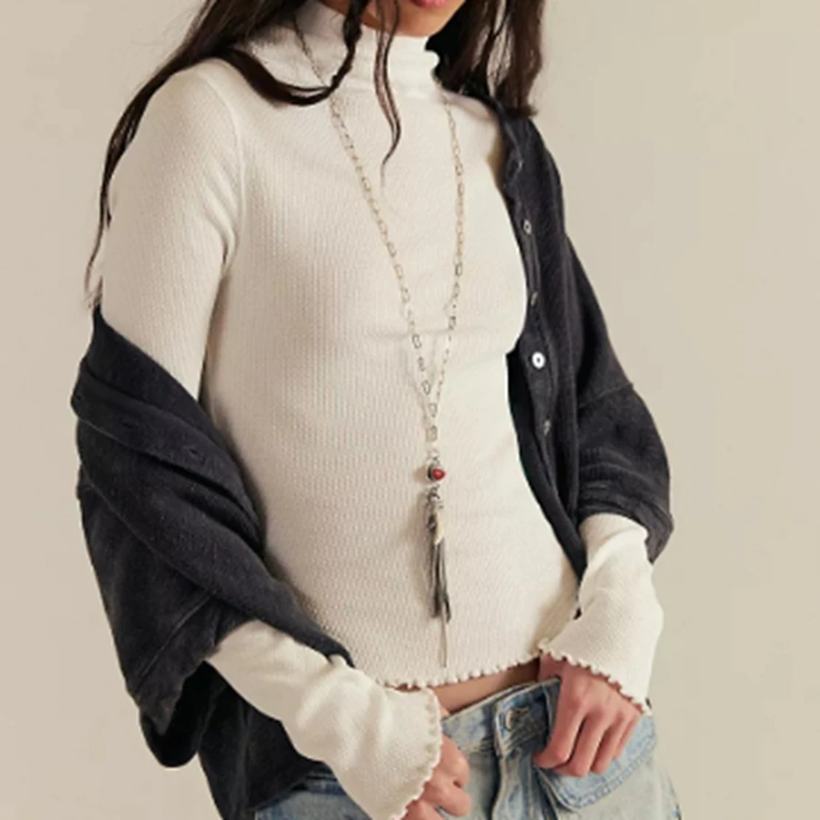 قمصان نسائية فاخرة ذات ياقة مدورة وأكمام طويلة بقصة ضيقة وقمصان خريفية مضلعة صلبة للمكتب اليومي #2